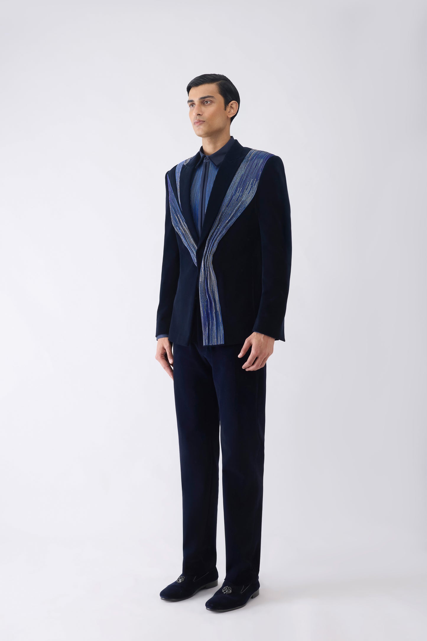 Corded Tuxedo Set in Velvet with Glass Bead Hand Embroidery