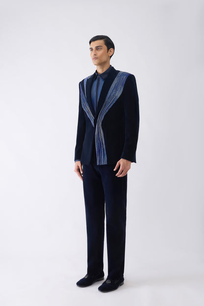 Corded Tuxedo Set in Velvet with Glass Bead Hand Embroidery