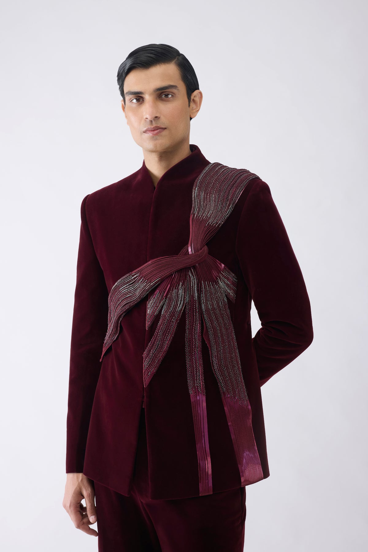 Metallic Micro Pleated Bandhgala Set With Glass Bead Embroidery