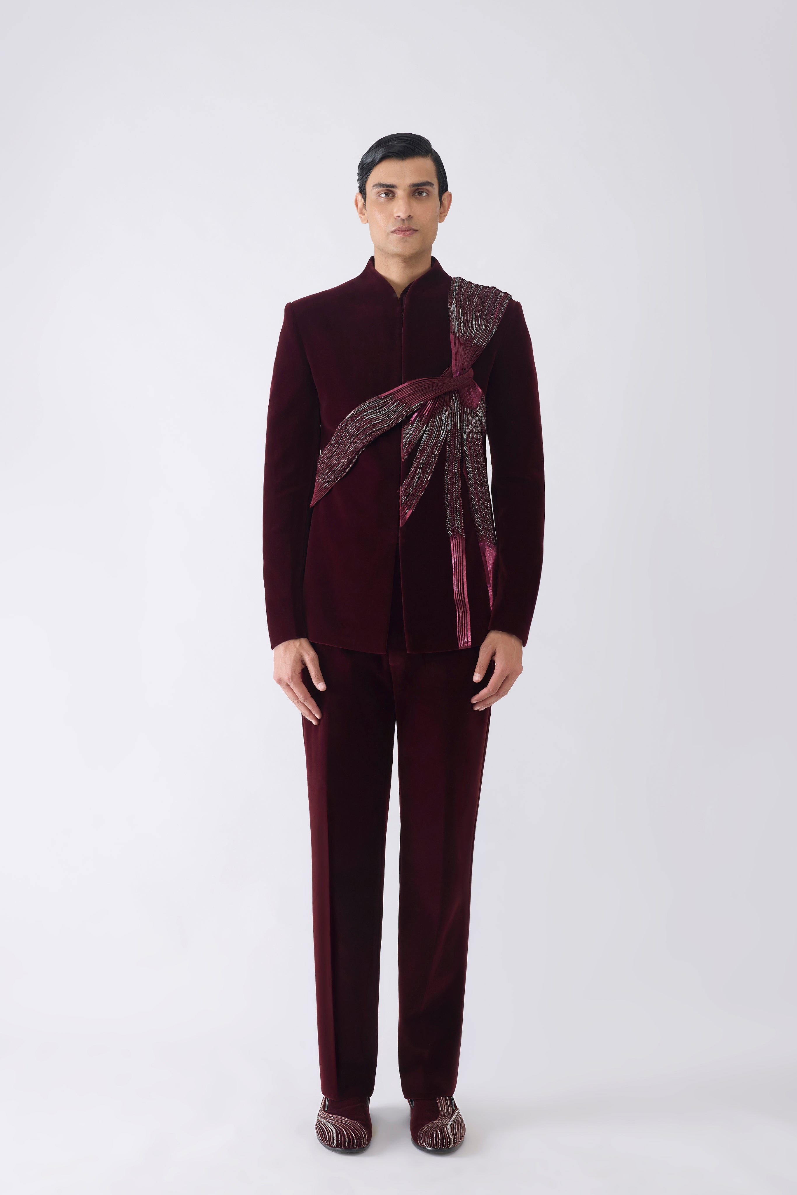 Metallic Micro Pleated Bandhgala Set With Glass Bead Embroidery