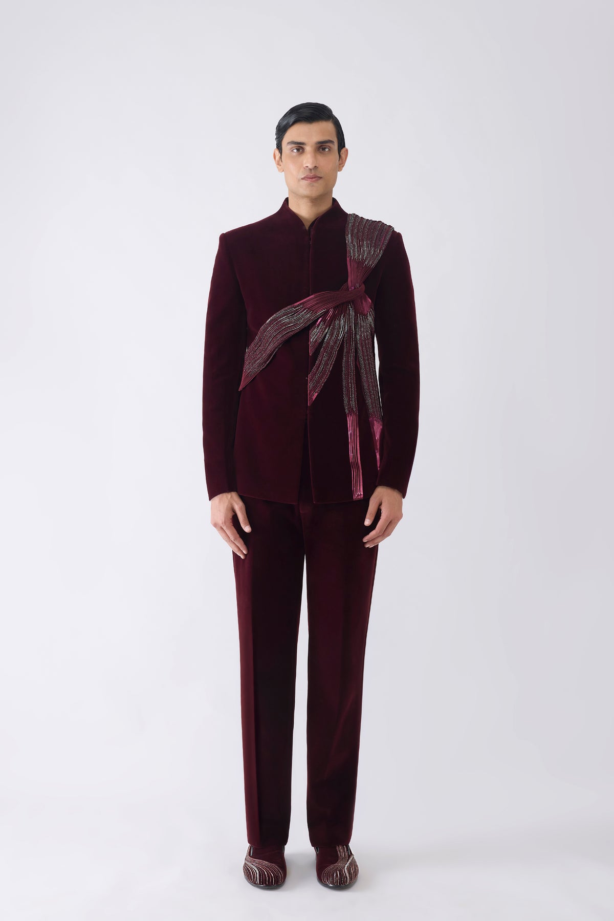 Metallic Micro Pleated Bandhgala Set With Glass Bead Embroidery
