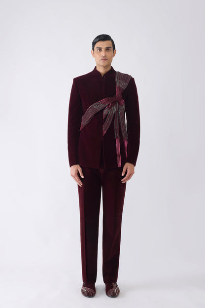 Metallic Micro Pleated Bandhgala Set With Glass Bead Embroidery