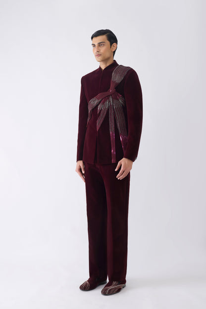 Metallic Micro Pleated Bandhgala Set With Glass Bead Embroidery