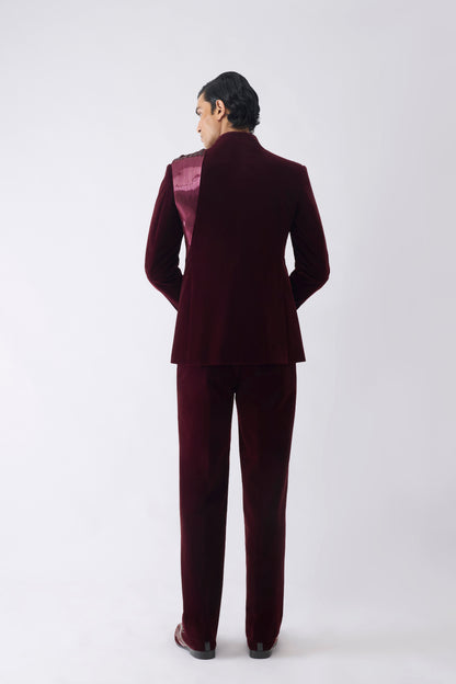 Metallic Micro Pleated Bandhgala Set With Glass Bead Embroidery