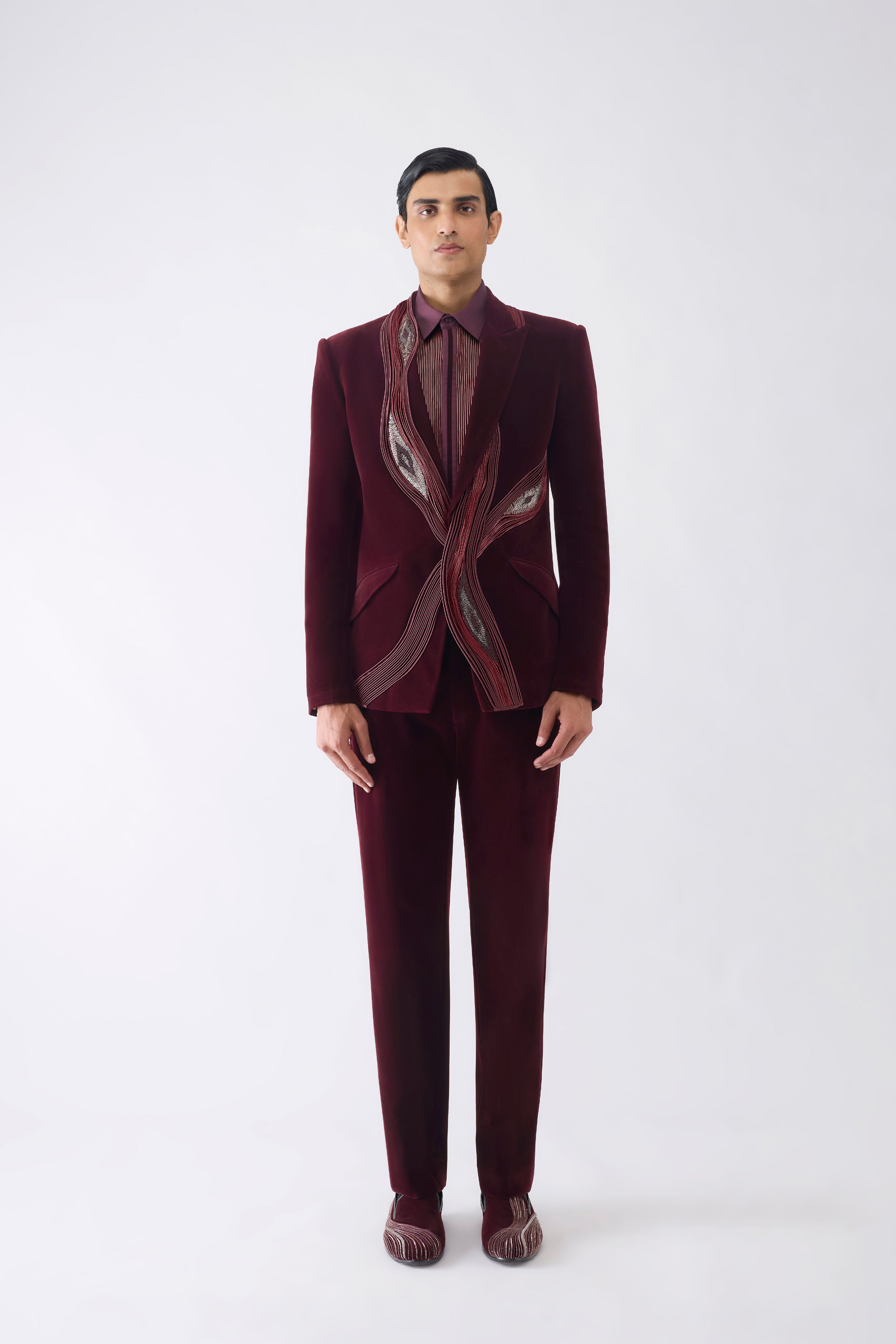 Corded Tuxedo Set With Ikat Embroidery