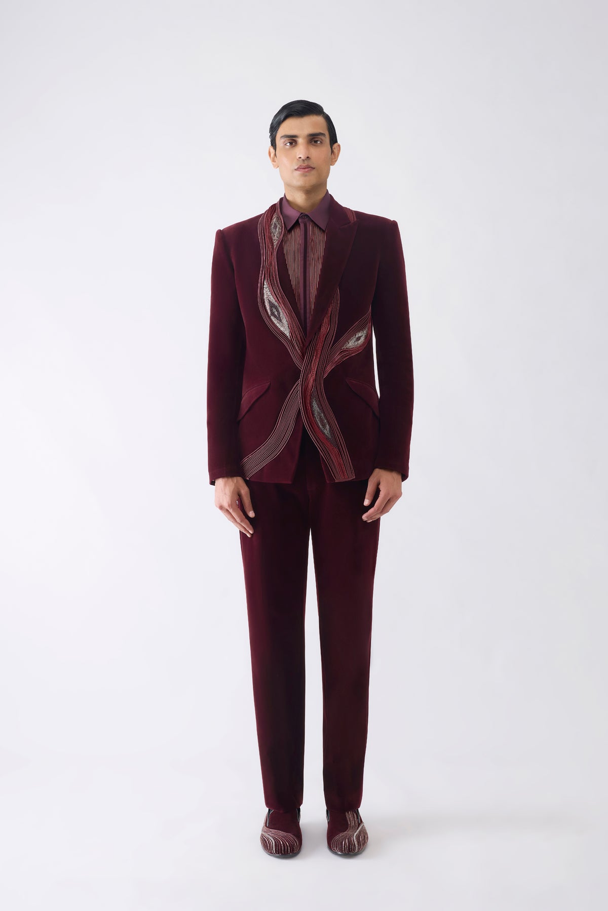 Corded Tuxedo Set With Ikat Embroidery