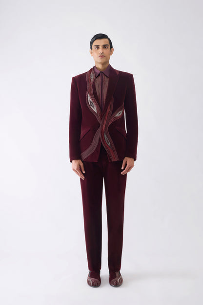 Corded Tuxedo Set With Ikat Embroidery
