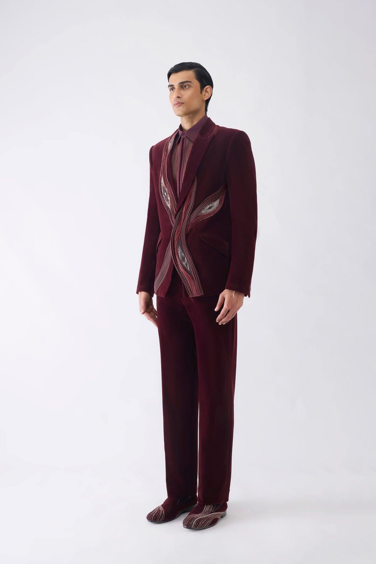 Corded Tuxedo Set With Ikat Embroidery