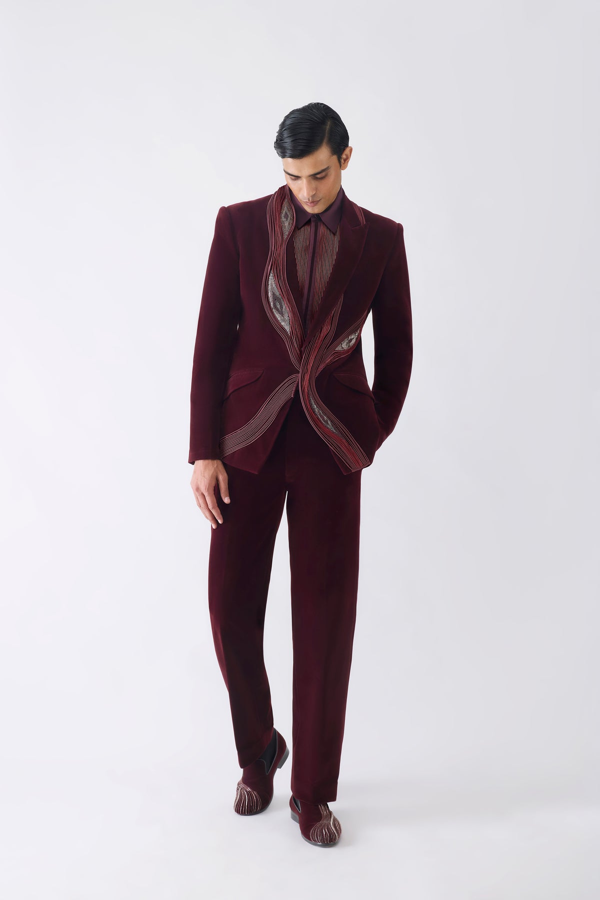 Corded Tuxedo Set With Ikat Embroidery