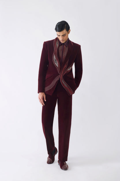 Corded Tuxedo Set With Ikat Embroidery
