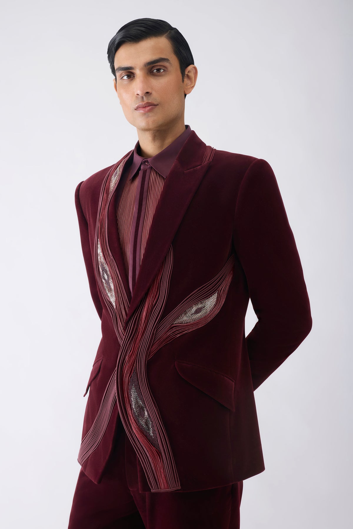 Corded Tuxedo Set With Ikat Embroidery