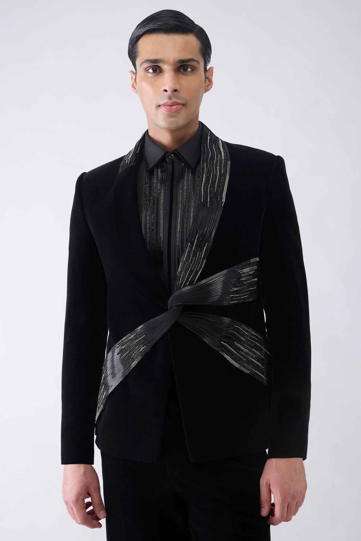 Metallic Micro Pleated Tuxedo Set With Glass bead Embroidery