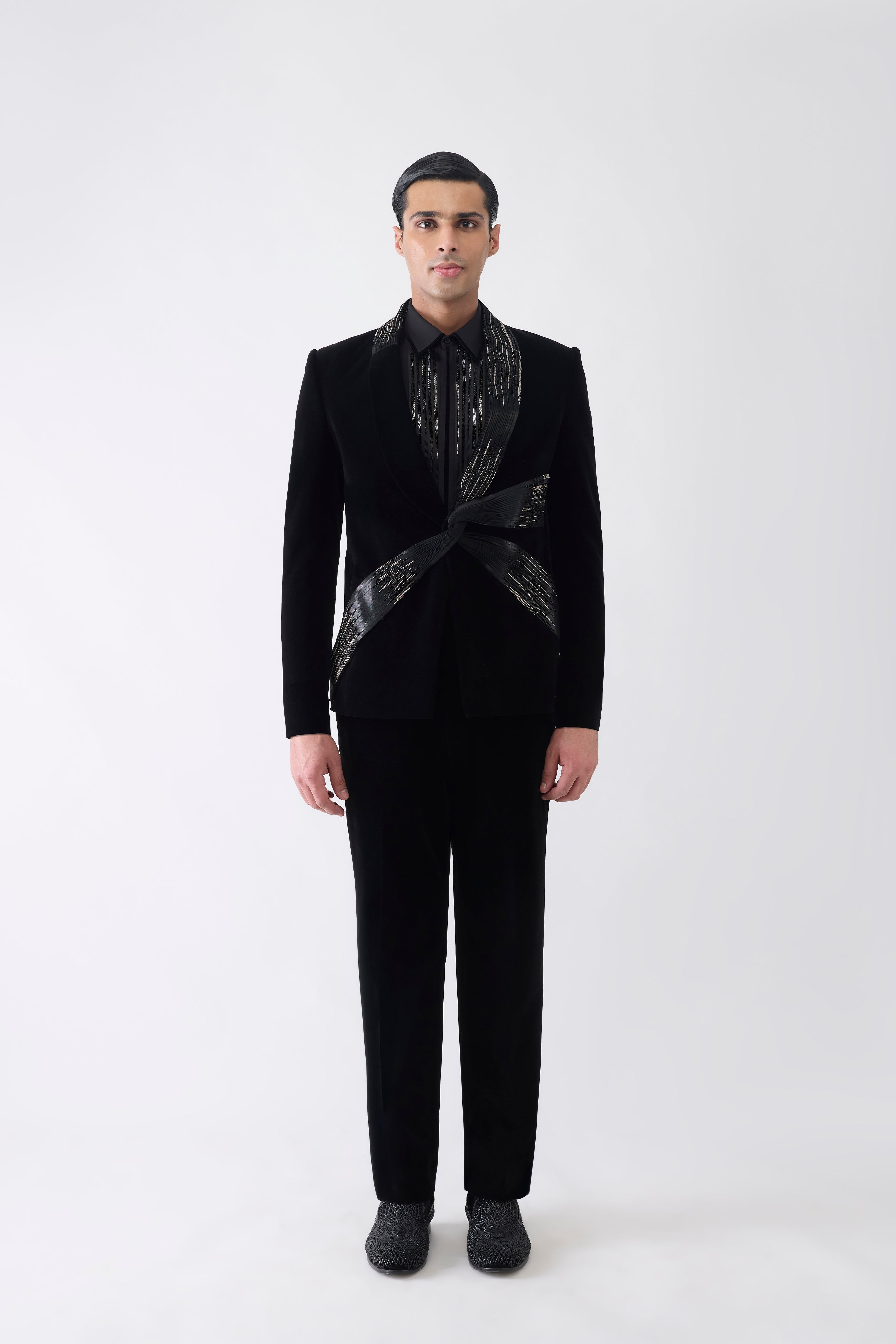 Metallic Micro Pleated Tuxedo Set With Glass bead Embroidery