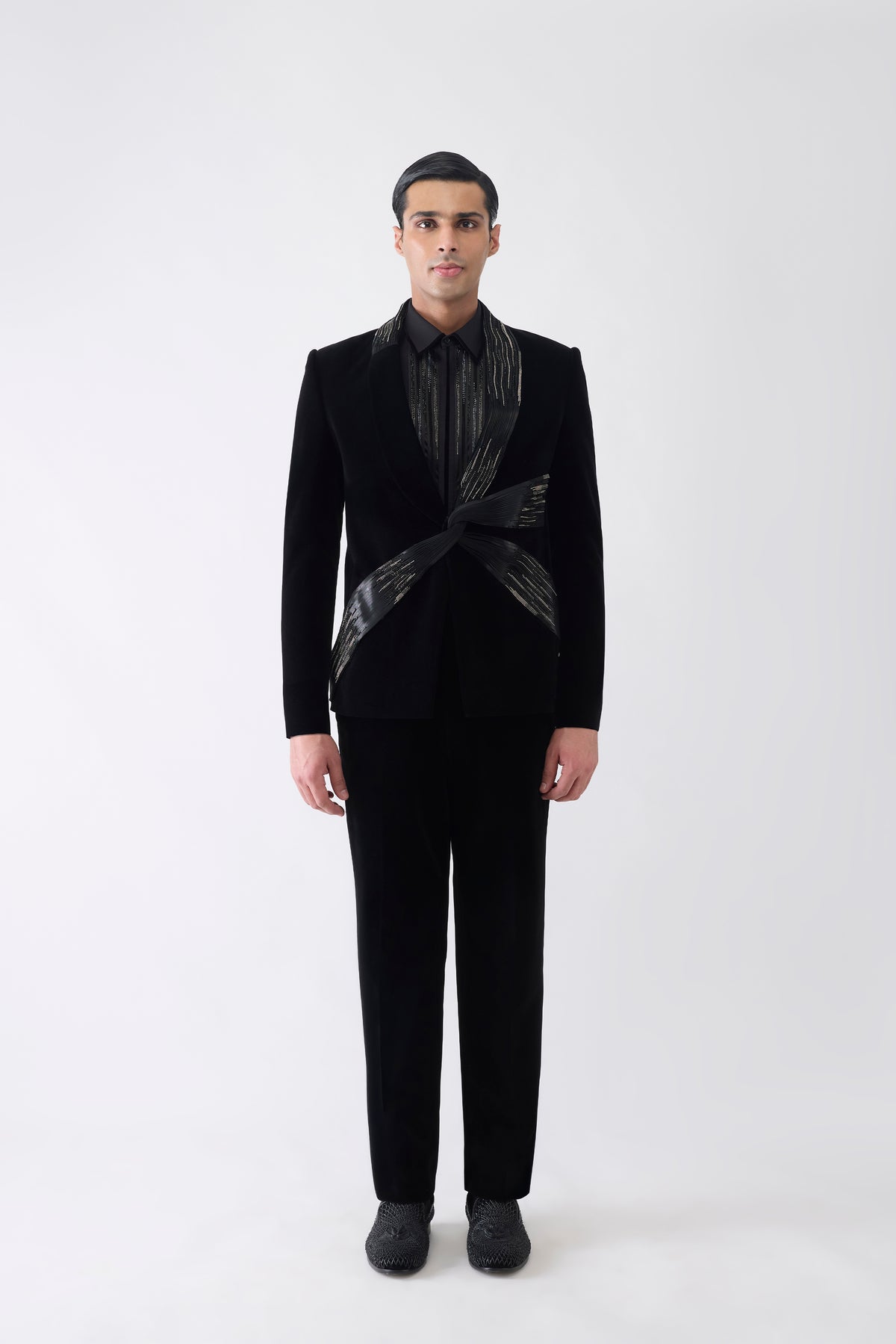 Metallic Micro Pleated Tuxedo Set With Glass bead Embroidery