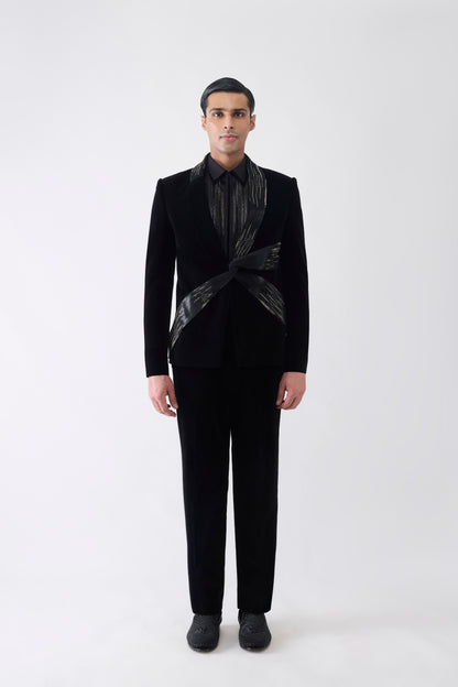 Metallic Micro Pleated Tuxedo Set With Glass bead Embroidery