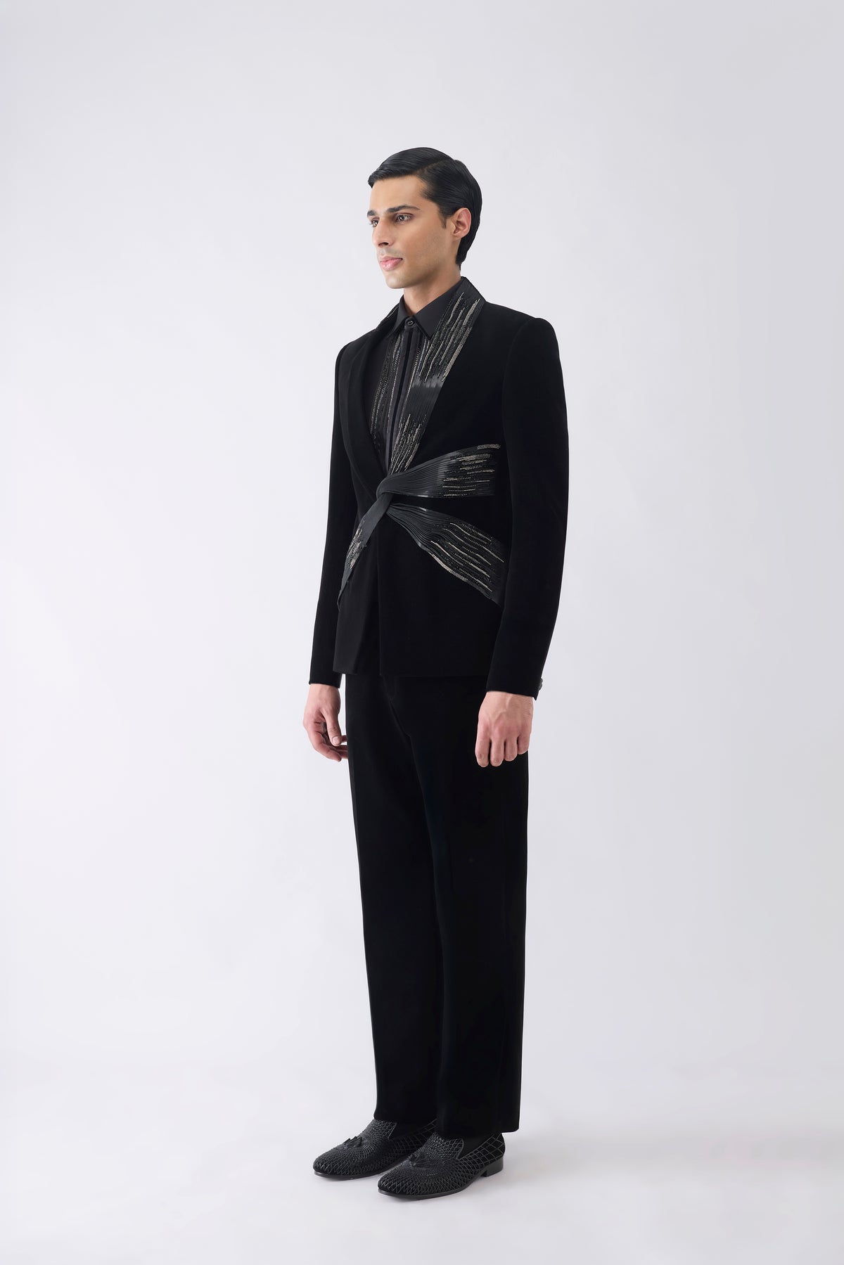 Metallic Micro Pleated Tuxedo Set With Glass bead Embroidery