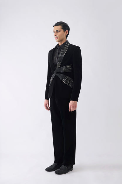 Metallic Micro Pleated Tuxedo Set With Glass bead Embroidery