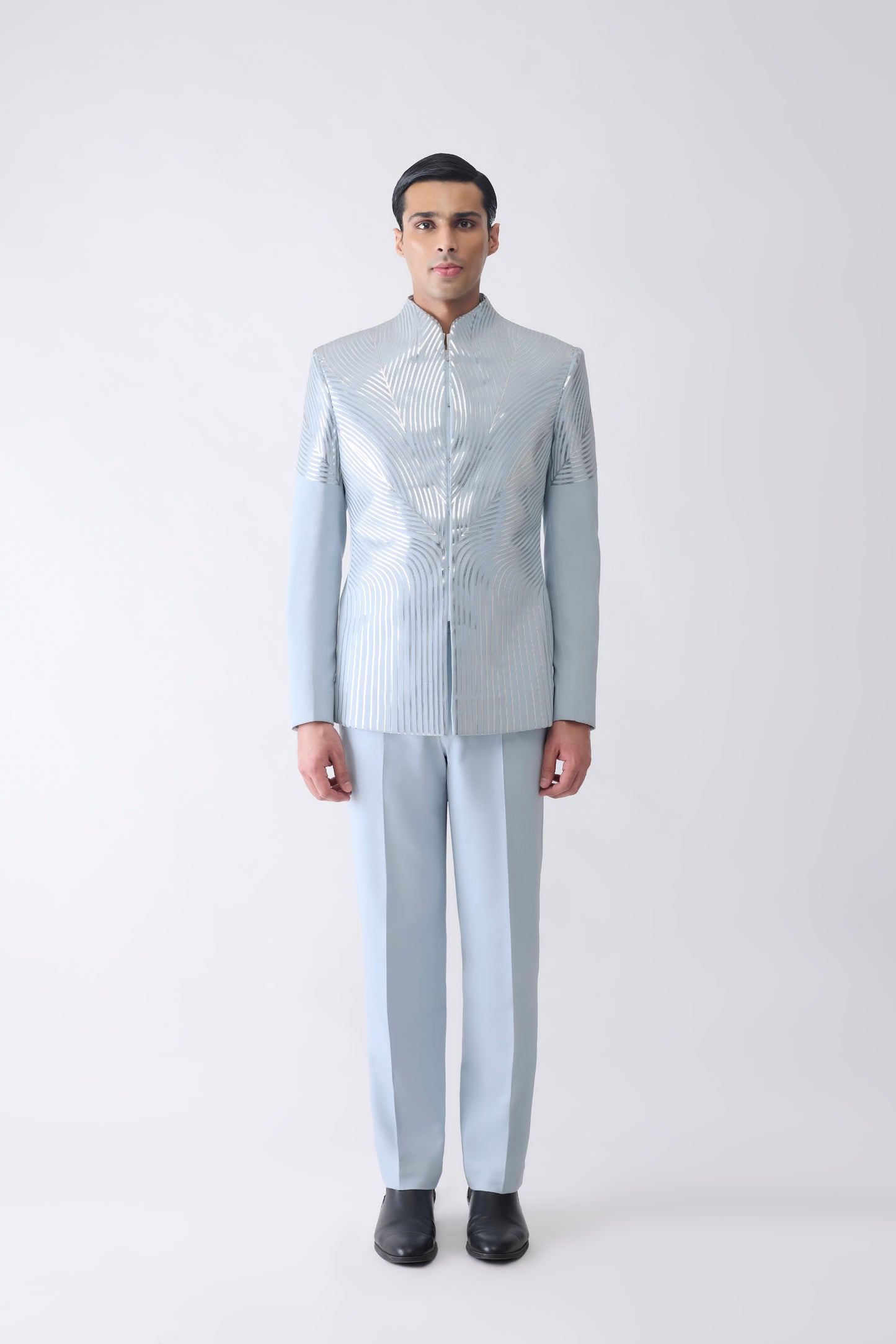 Metallic Bandhgala Set In Satin Crepe