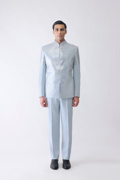 Metallic Bandhgala Set In Satin Crepe