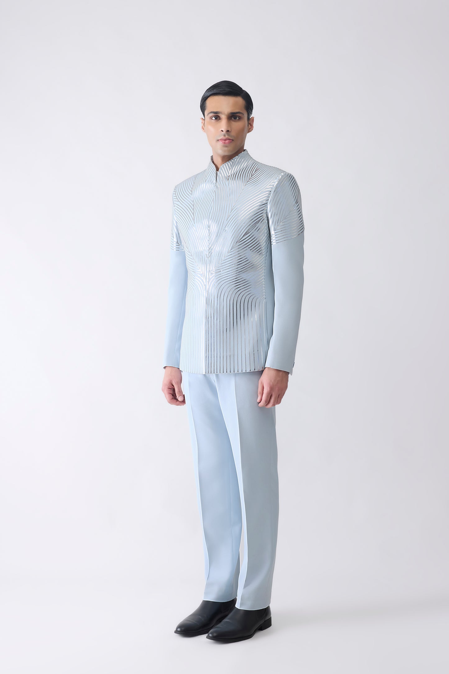 Metallic Bandhgala Set In Satin Crepe