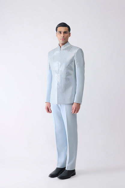 Metallic Bandhgala Set In Satin Crepe