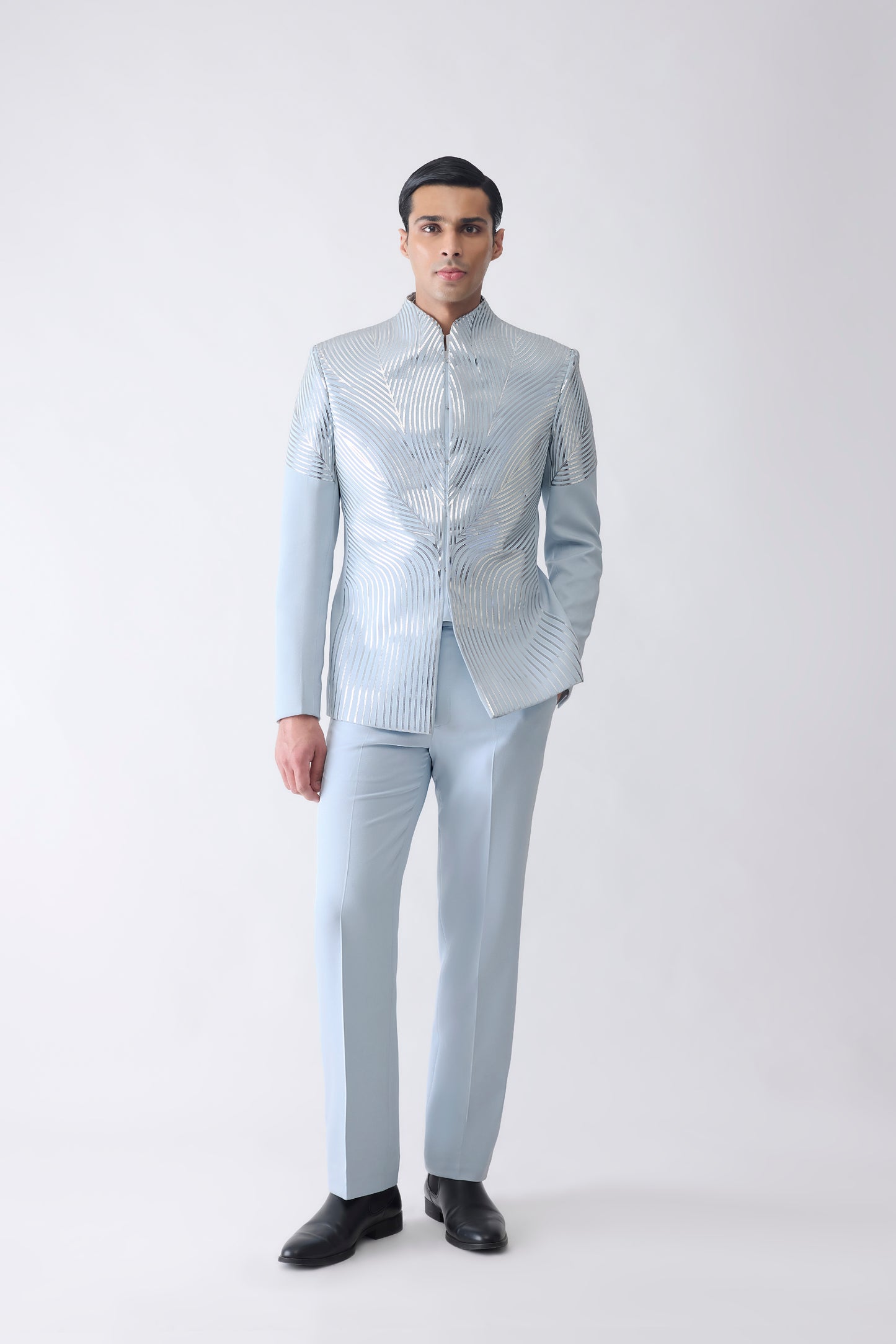Metallic Bandhgala Set In Satin Crepe