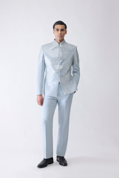 Metallic Bandhgala Set In Satin Crepe