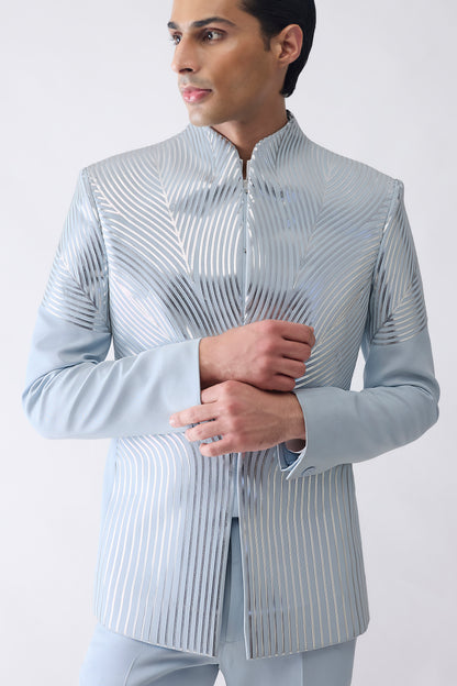 Metallic Bandhgala Set In Satin Crepe