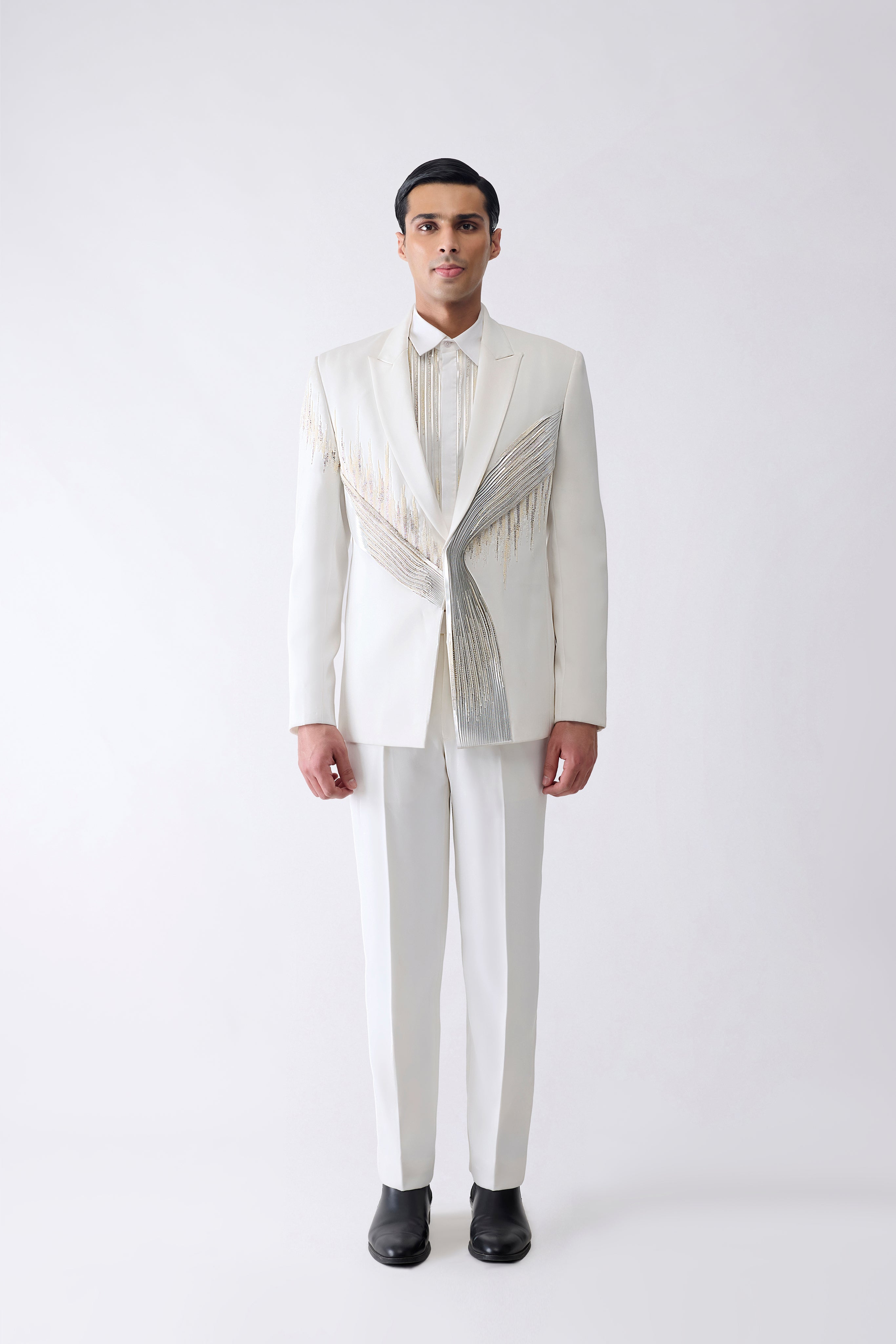 Metallic Micro Pleating Hand Embroidered Tuxedo Set With Glass Beads