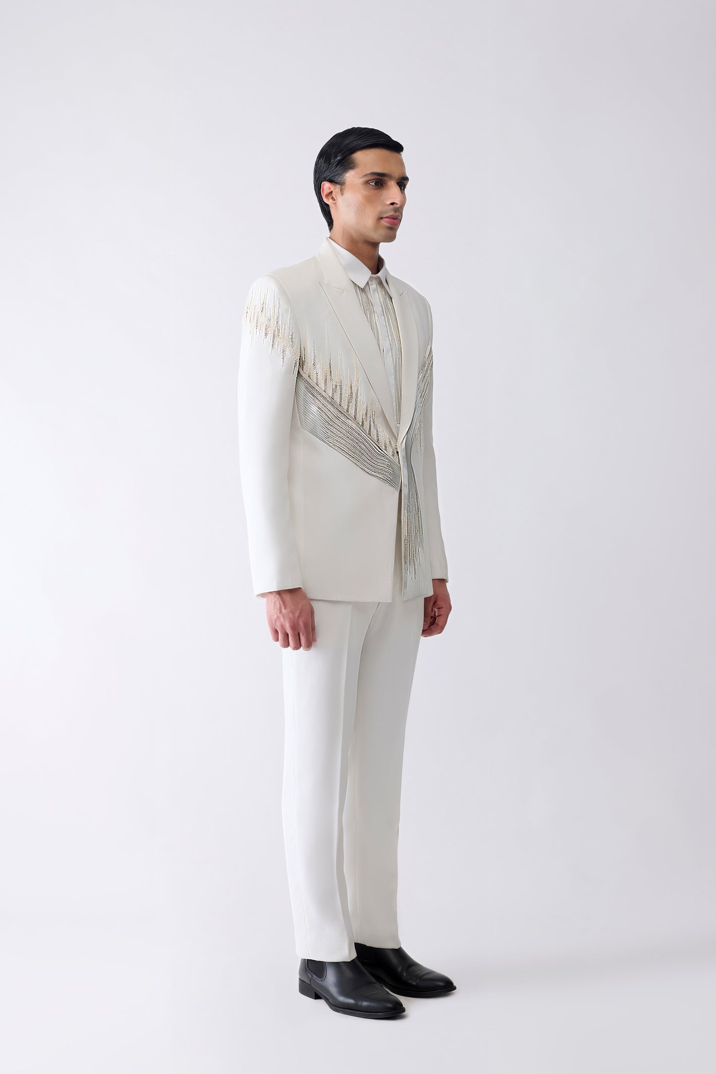 Metallic Micro Pleating Hand Embroidered Tuxedo Set With Glass Beads