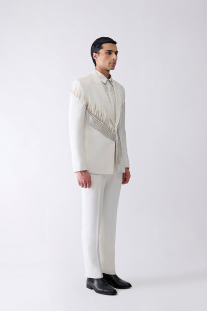Metallic Micro Pleating Hand Embroidered Tuxedo Set With Glass Beads