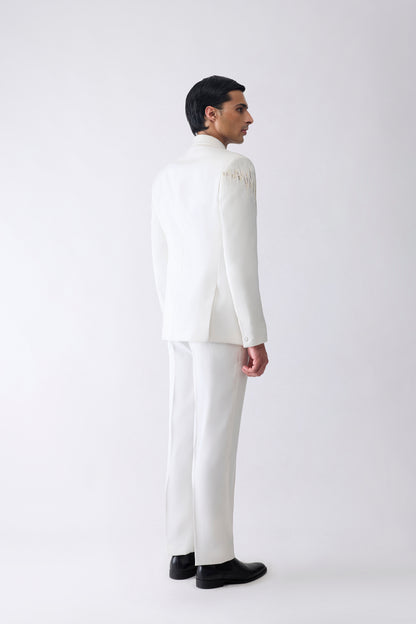 Metallic Micro Pleating Hand Embroidered Tuxedo Set With Glass Beads