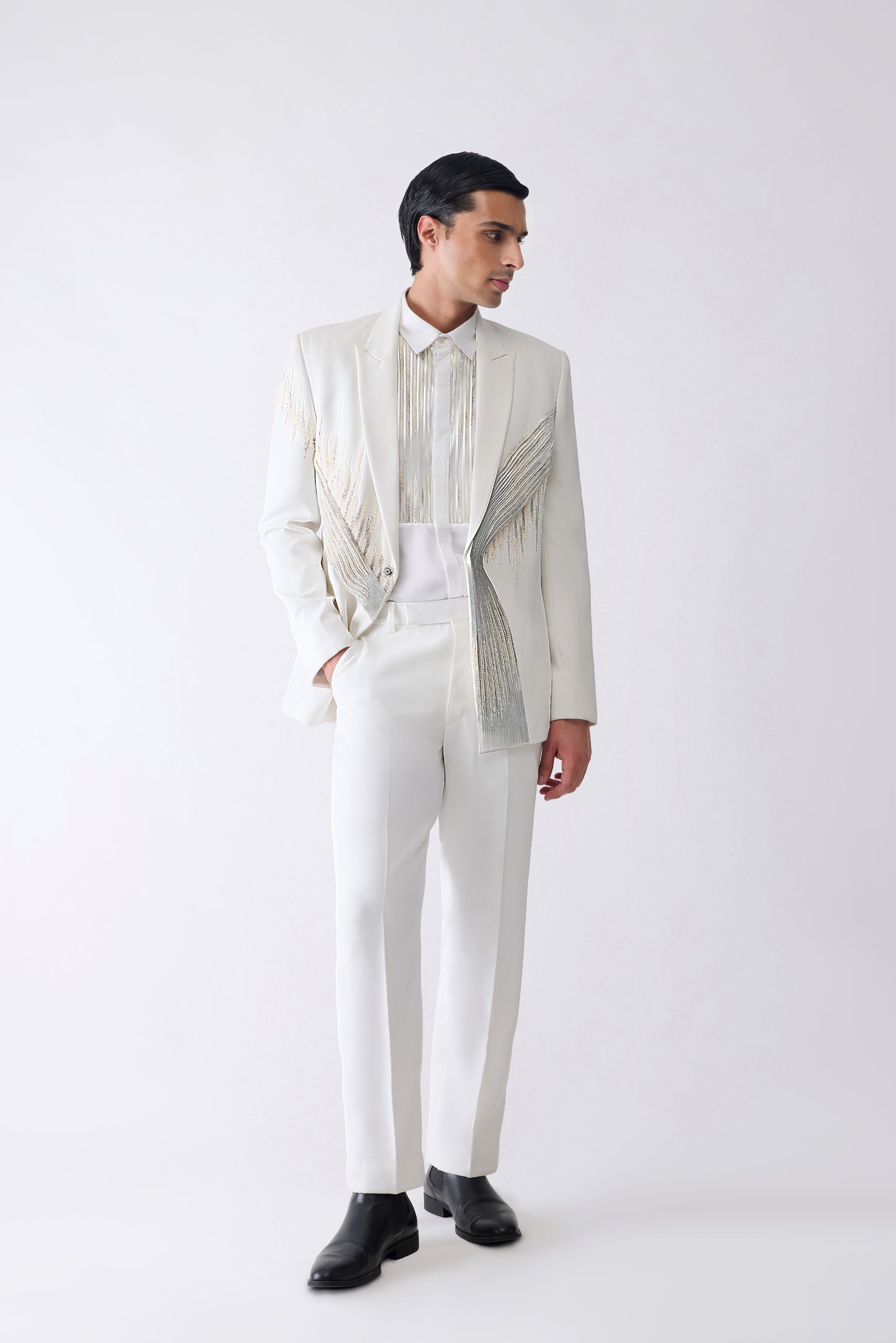 Metallic Micro Pleating Hand Embroidered Tuxedo Set With Glass Beads