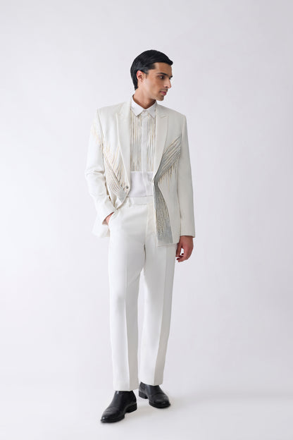 Metallic Micro Pleating Hand Embroidered Tuxedo Set With Glass Beads