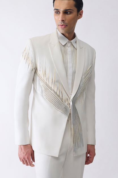 Metallic Micro Pleating Hand Embroidered Tuxedo Set With Glass Beads