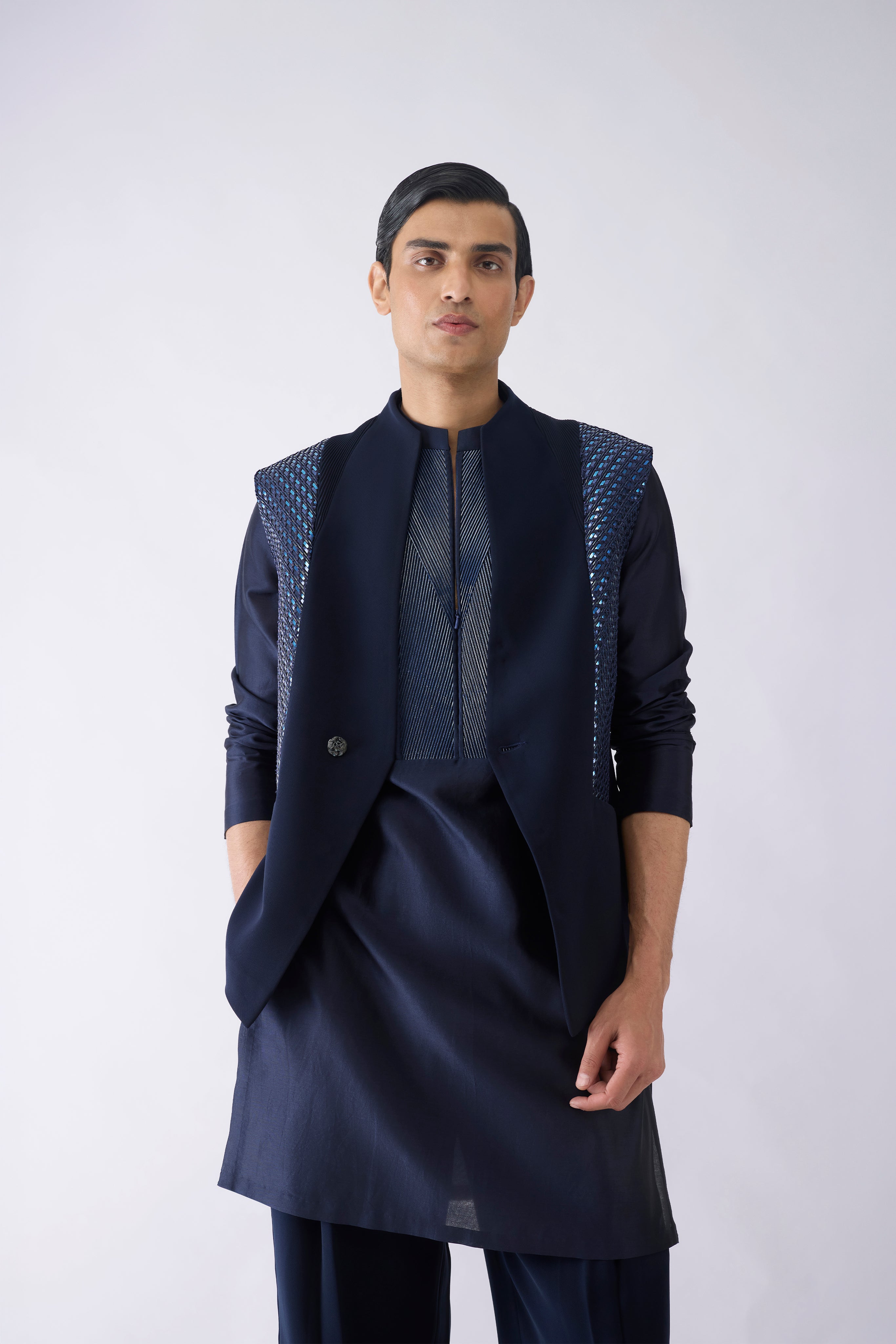 Metallic Hand Woven Kurta Waistcoat Set