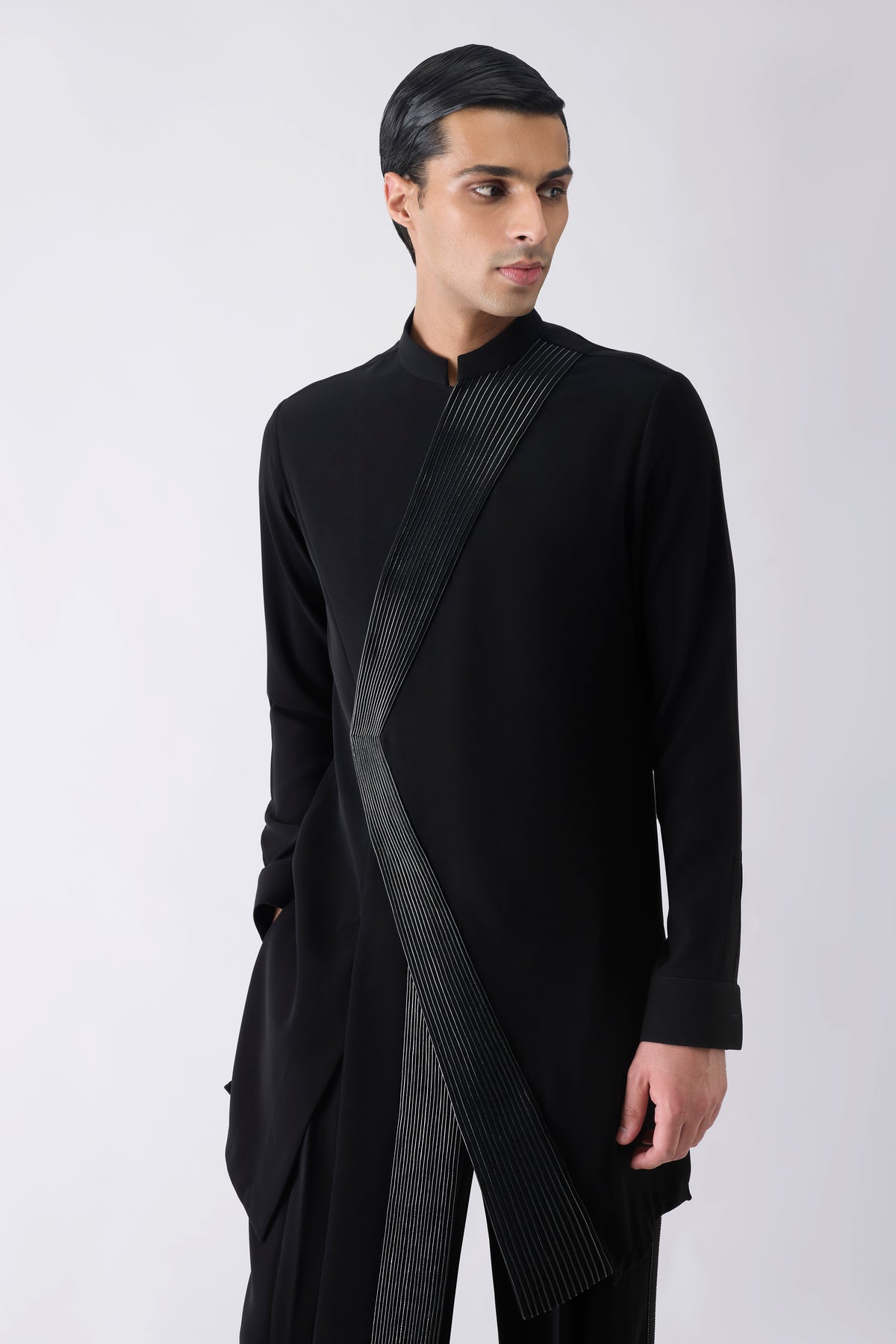 Asymmetric Corded Kurta in Satin Crepe