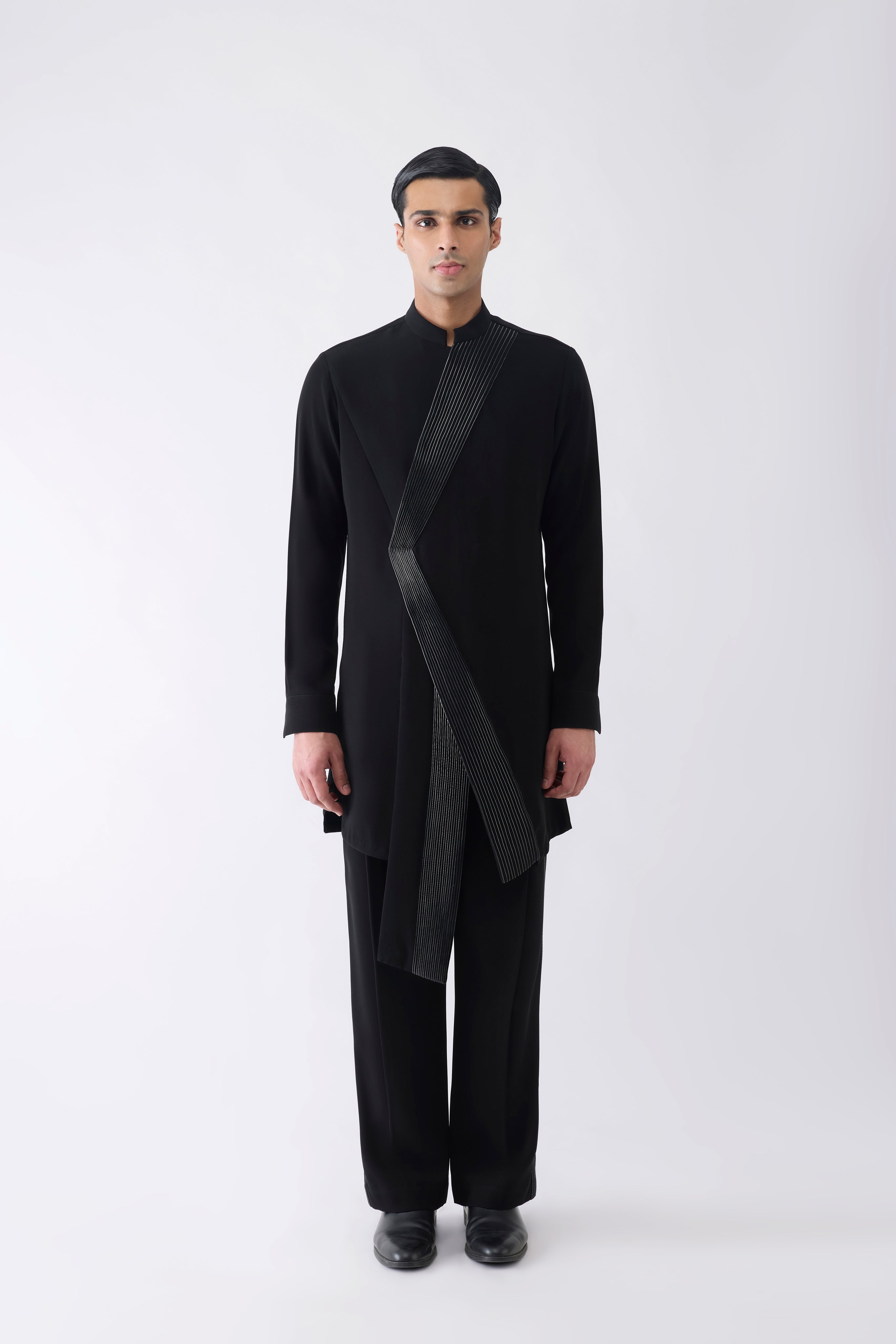 Asymmetric Corded Kurta in Satin Crepe
