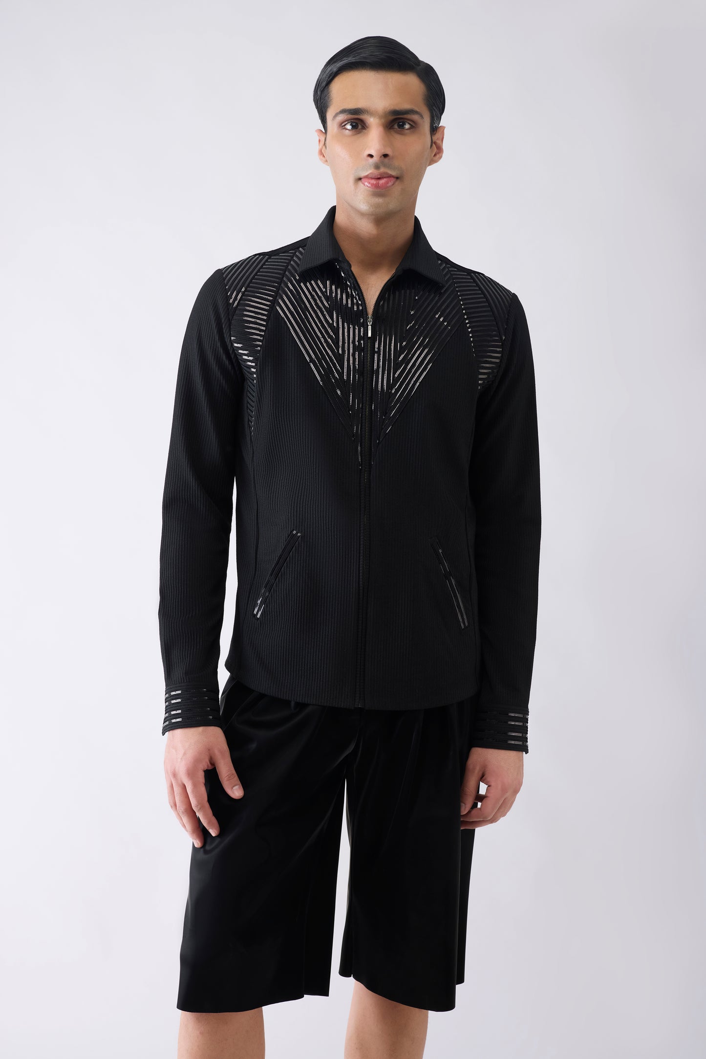 Metallic Shacket in Stripe Crepe
