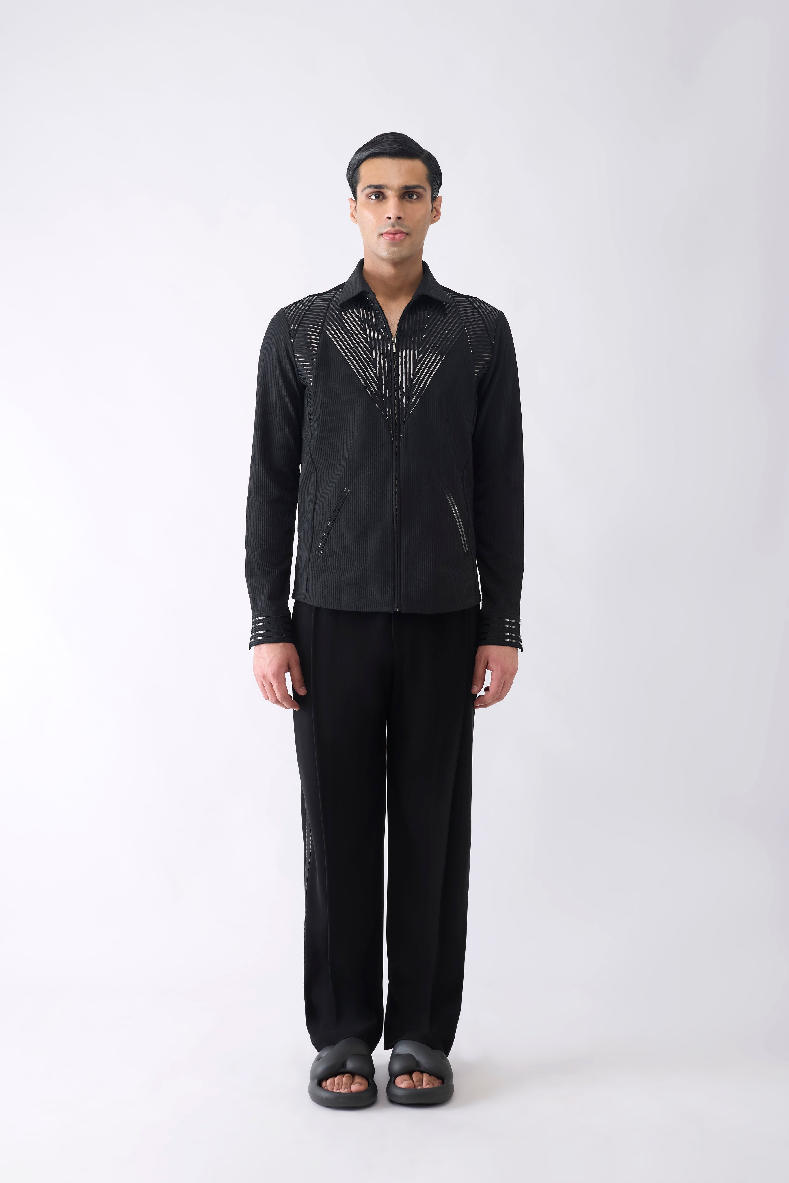 Metallic Shacket in Stripe Crepe