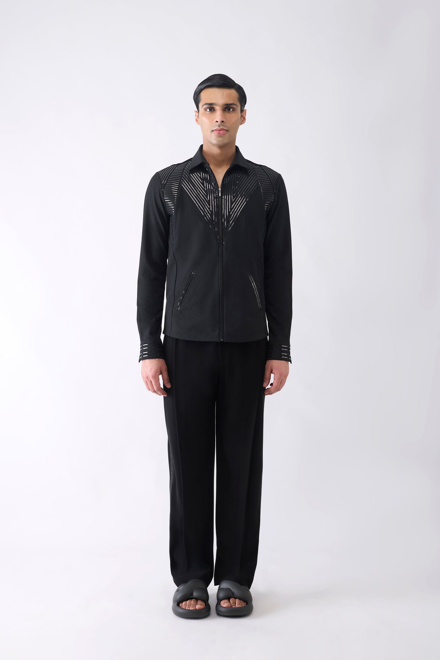 Metallic Shacket in Stripe Crepe