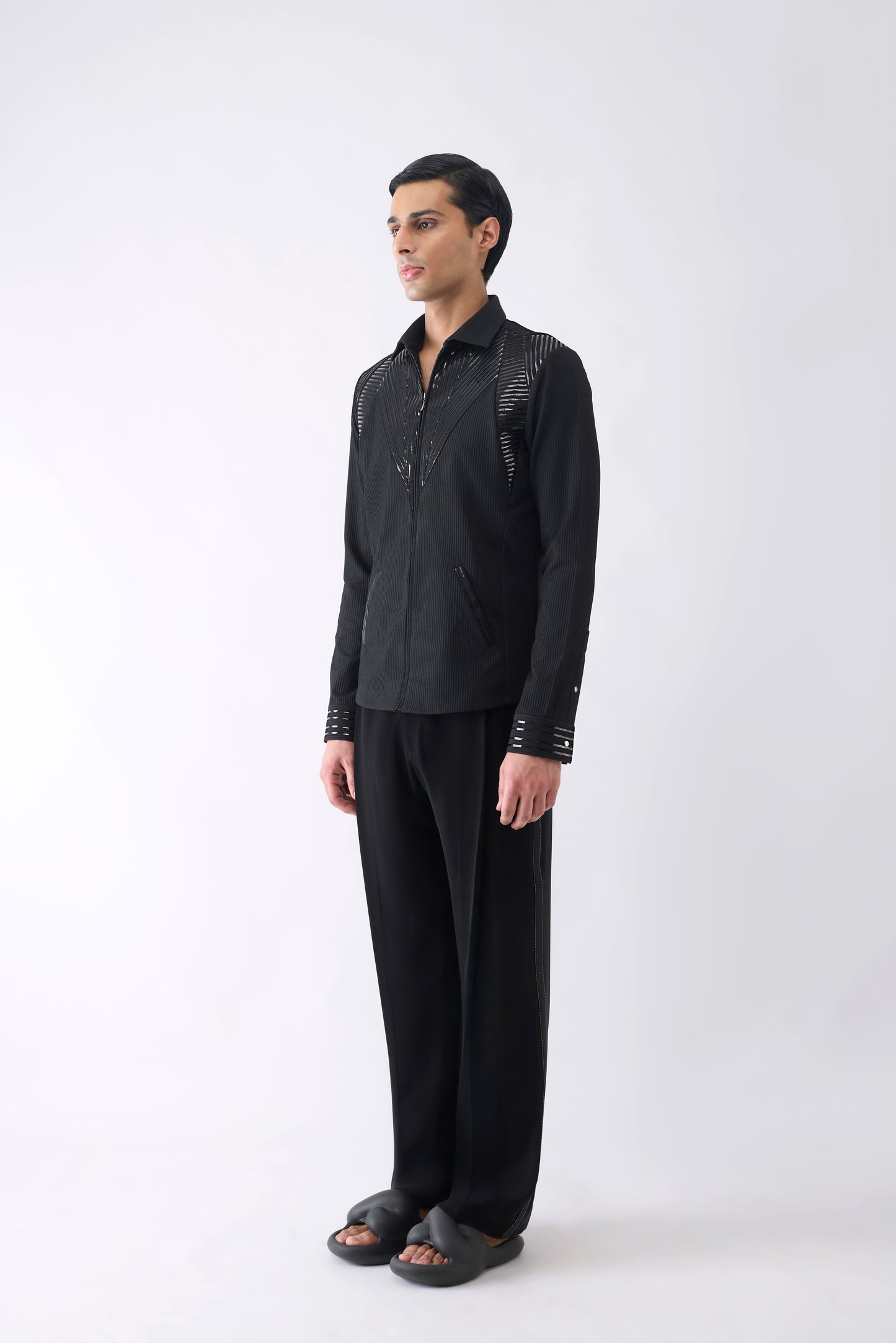 Metallic Shacket in Stripe Crepe