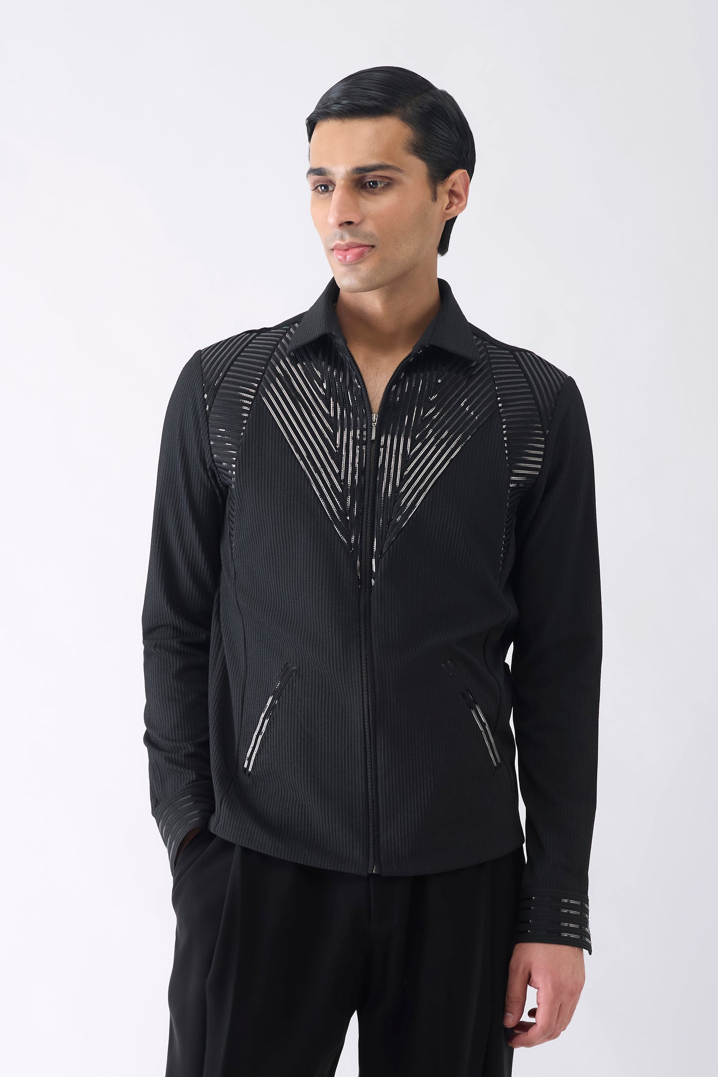 Metallic Shacket in Stripe Crepe