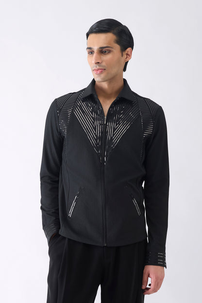 Metallic Shacket in Stripe Crepe