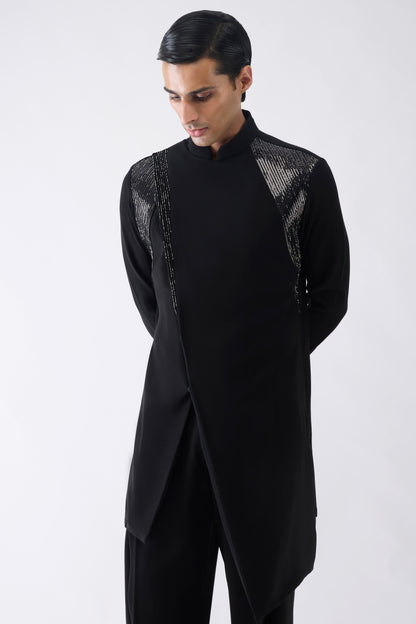 Asymmetric Metallic Micro Pleated Kurta With Glass Bead Embroidery