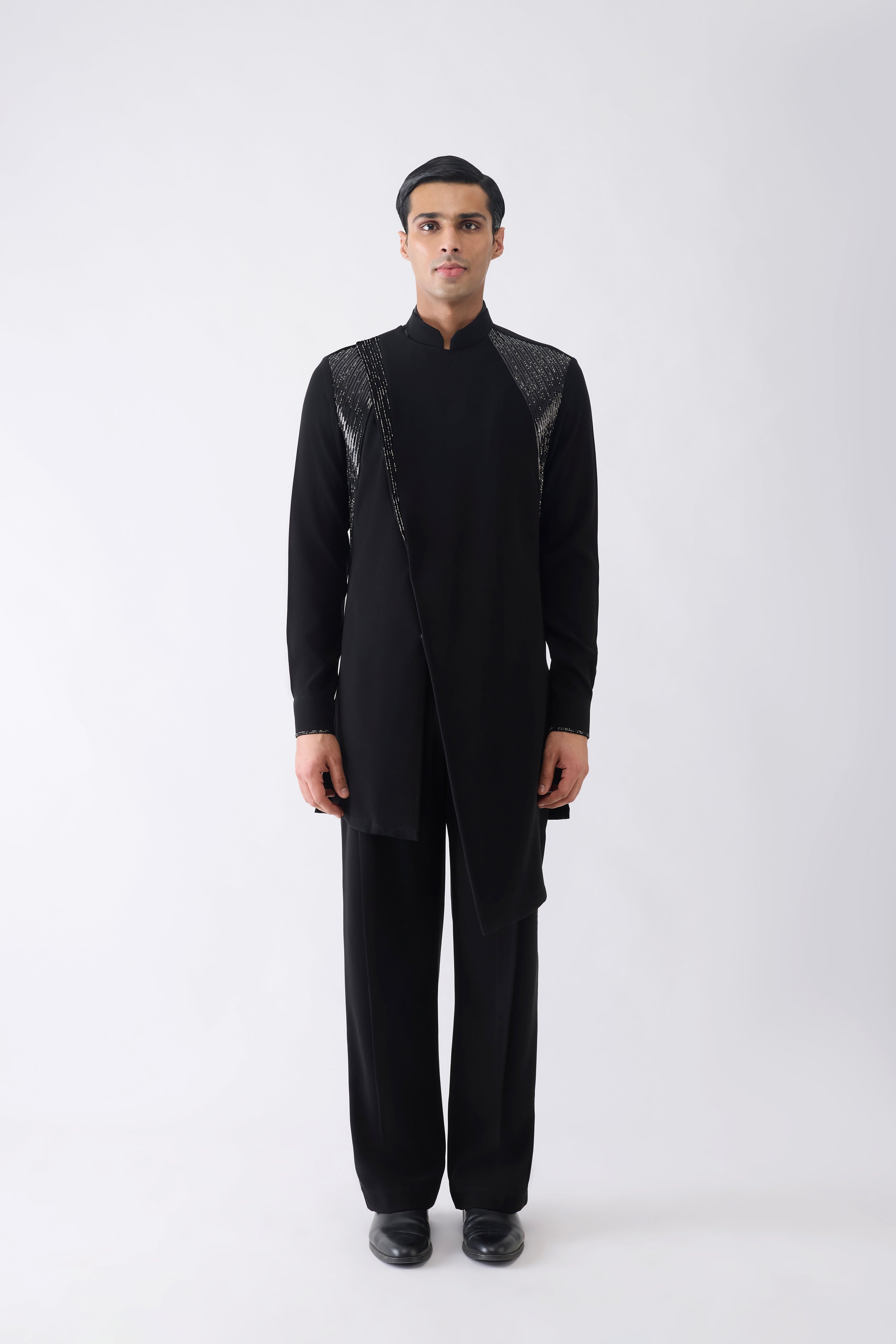 Asymmetric Metallic Micro Pleated Kurta With Glass Bead Embroidery