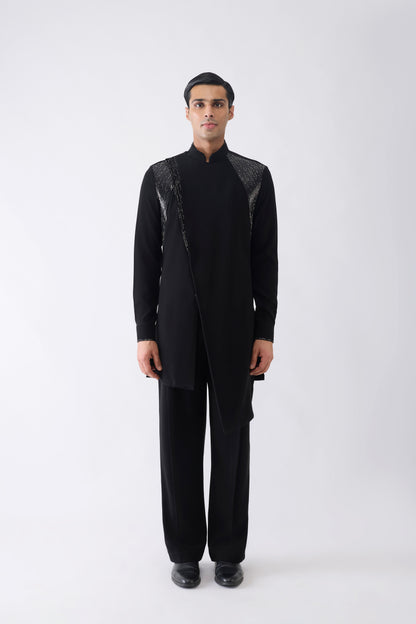 Asymmetric Metallic Micro Pleated Kurta With Glass Bead Embroidery