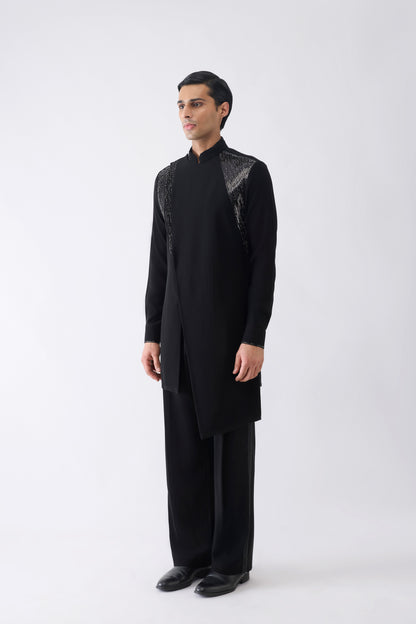 Asymmetric Metallic Micro Pleated Kurta With Glass Bead Embroidery