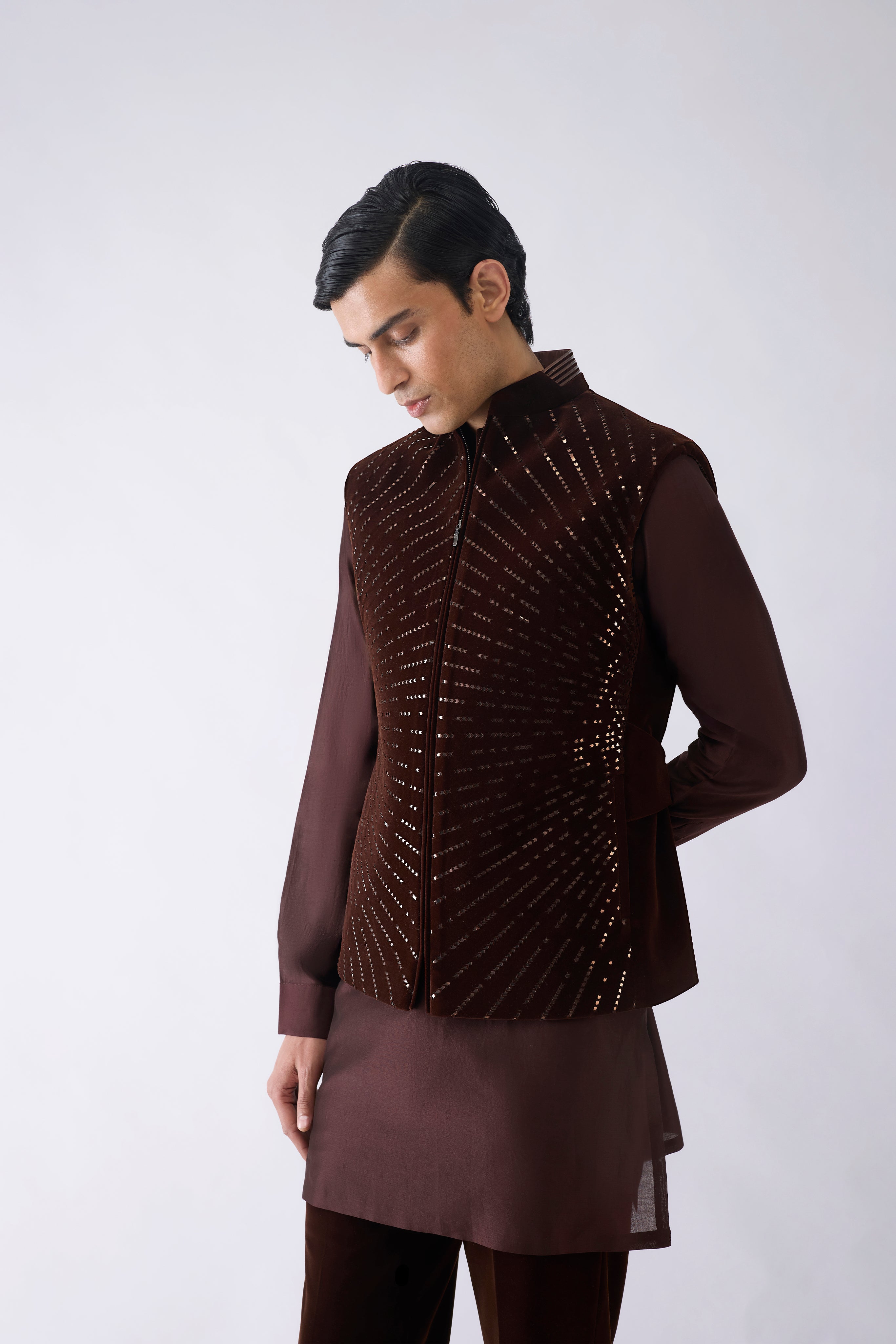 Metallic Hand Woven Kurta Waistcoat Set