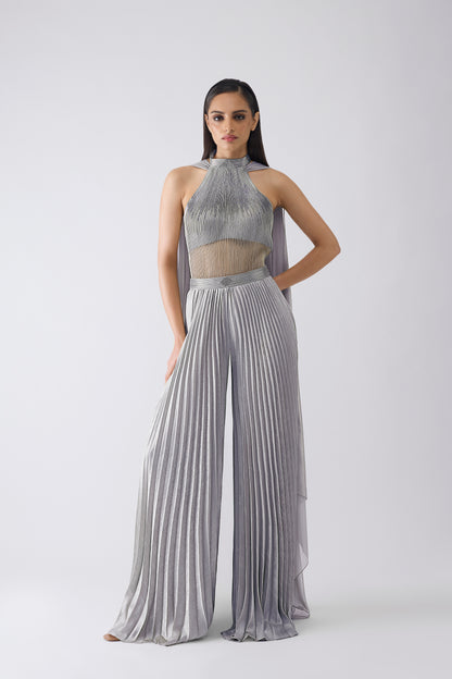 Corded Bodysuit With Pants And Drape